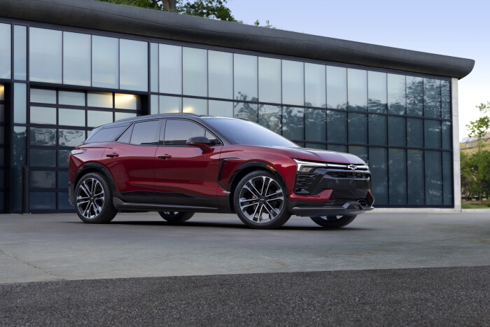 Passengers side 7/8 front view of 2024 Chevrolet Blazer EV SS in Radiant Red Tintcoat.  Preproductio