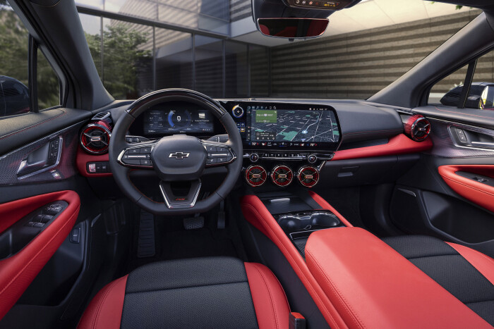 Wide view of front cabin in 2024 Chevrolet Blazer EV SS with Adrenaline Red and Blacken Black interi