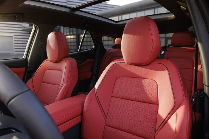 Drivers side view of Adrenaline Red interior in 2024 Chevrolet Blazer EV SS. Preproduction model sho
