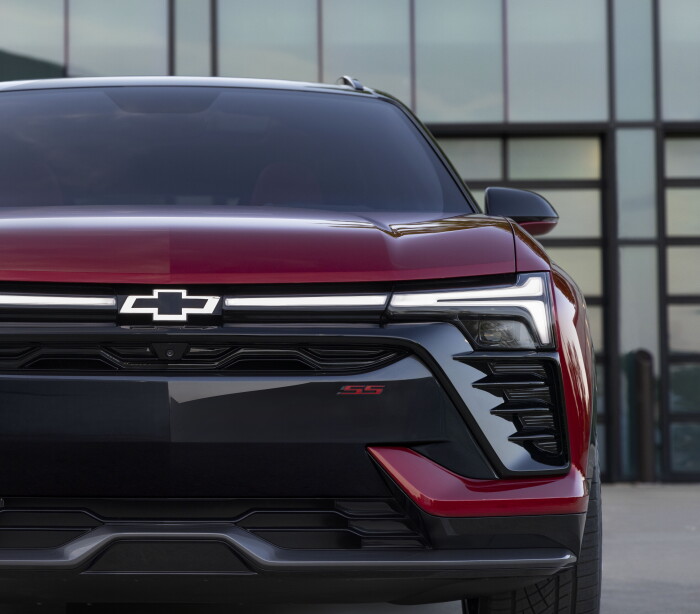 Close up, front view of the 2024 Chevrolet Blazer EV SS in Radiant Red Tintcoat. Preproduction model