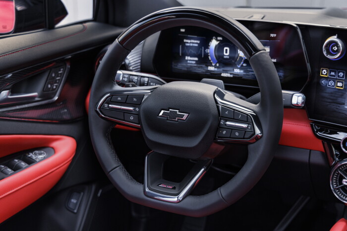 Front view of steering wheel on 2024 Chevrolet Balzer EV SS in Radiant Red Tintcoat with Adrenaline 