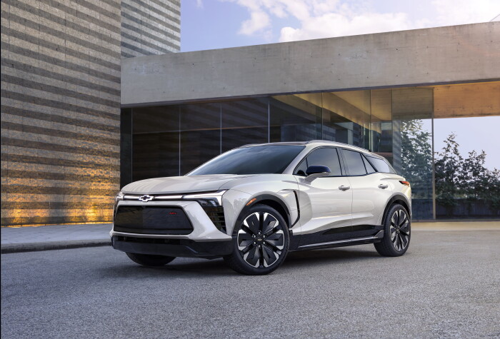 Seven-eighths view of 2024 Chevrolet Blazer EV RS in Iridescent Pearl Tricoat. Preproduction model s