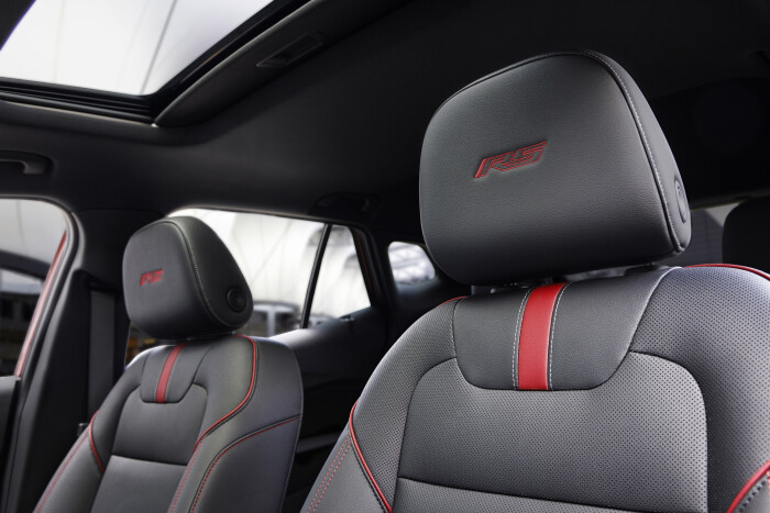 View of headrests in front cabin of Chevrolet Trax RS with Jet Black with Red Accents Interior. Pre-