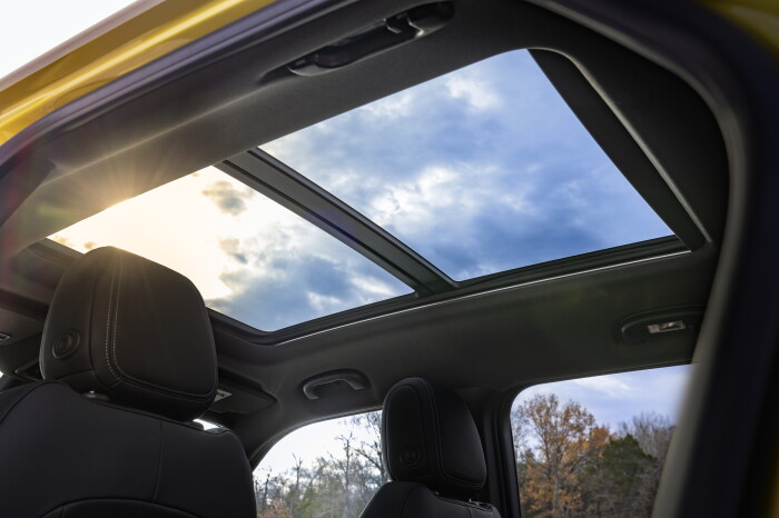 View of sunroof on 2024 Chevrolet Trailblazer ACTIV in Nitro Yellow Metallic. Preproduction model shown. Actual production model may vary. Available in fall 2023.