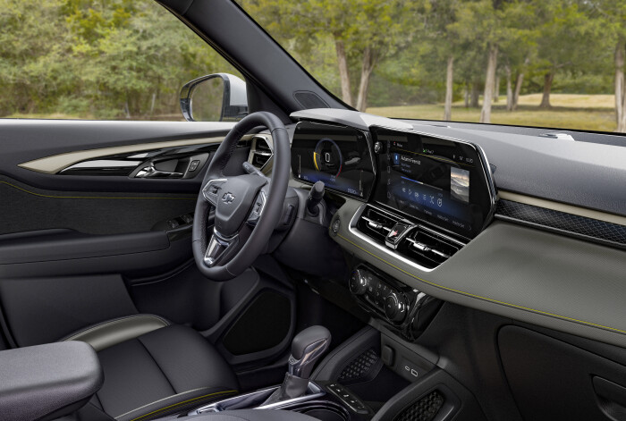 View of the drivers side of the front cabin in 2024 Chevrolet Trailblazer ACTIV in Nitro Yellow Metallic with Jet Black with Artemis interior. Preproduction model shown. Actual production model may vary. Available in fall 2023.