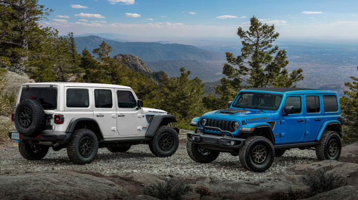 Rubicon 20th Anniversary editions: 2023 Jeep Wrangler Rubicon 4xe (left, shown with optional Hinge-Gate Reinforcement by Mopar) and 2023 Jeep Wrangler Rubicon 392