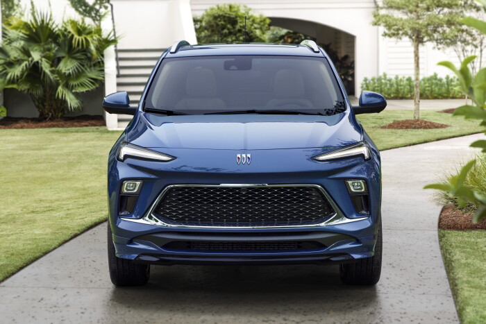 Front view of the 2024 Buick Encore GX Avenir in Ocean Blue Metallic. Preproduction model shown. Actual production model may vary. Available in Spring 2023.