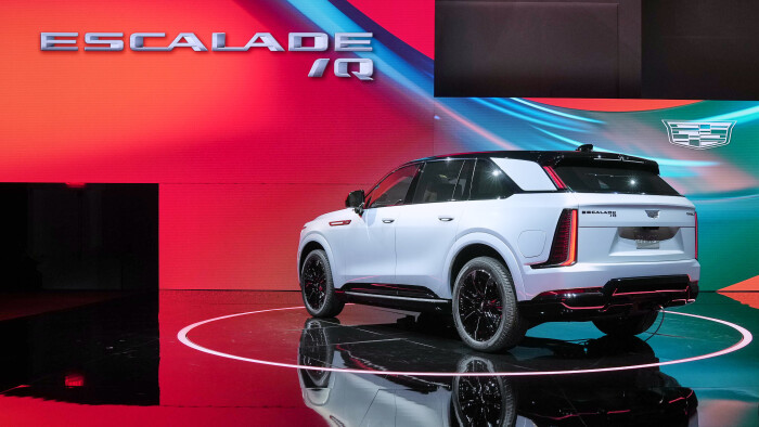 Rear 3/4 view of the all-electric 2025 Cadillac ESCALADE IQ at its official unveiling in New York City. (Photo by Todd Plitt for Cadillac)