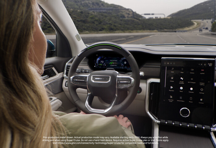 View of available Super Cruise hands-free driver assistance technology engaged in the 2024 GMC Acadia Denali. Preproduction model shown. Actual production model may vary. Available starting early 2024.