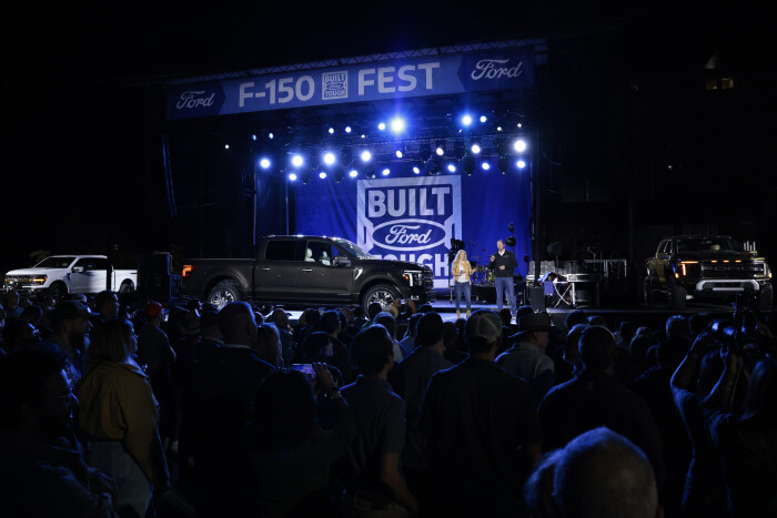 Cristy Lee, presenter with Andrew Frick, Vice President, Sales, Distribution and Trucks, for the Ford Blue with at Ford F-150 Fest at Hart Plaza in Detroit, Michigan on Tuesday, September 12, 2023 where Ford revealed the new 2024 F-150 . The F-150 is America's best-selling truck for 46 years and best-selling vehicle for 41 years. (Photo by Jeff Kowalsky for Ford Motor Company)