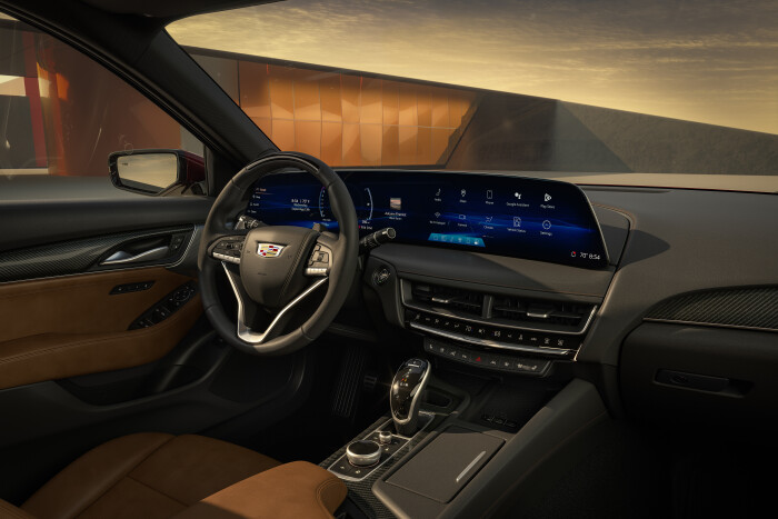 Passenger-side view of the 2025 Cadillac CT5 Premium Luxury interior and virtual cockpit with 33-inch-diagonal display.
