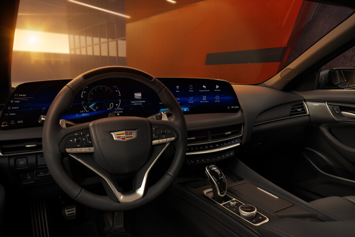 Interior view in the 2025 Cadillac CT5 Sport showing its virtual cockpit with 33-inch-diagonal display.