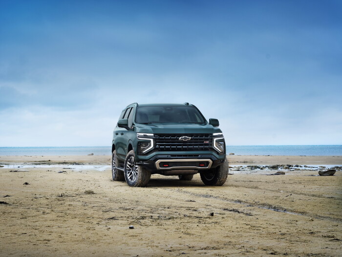 Front 3/4 shot of the 2025 Tahoe Z71 on a beach